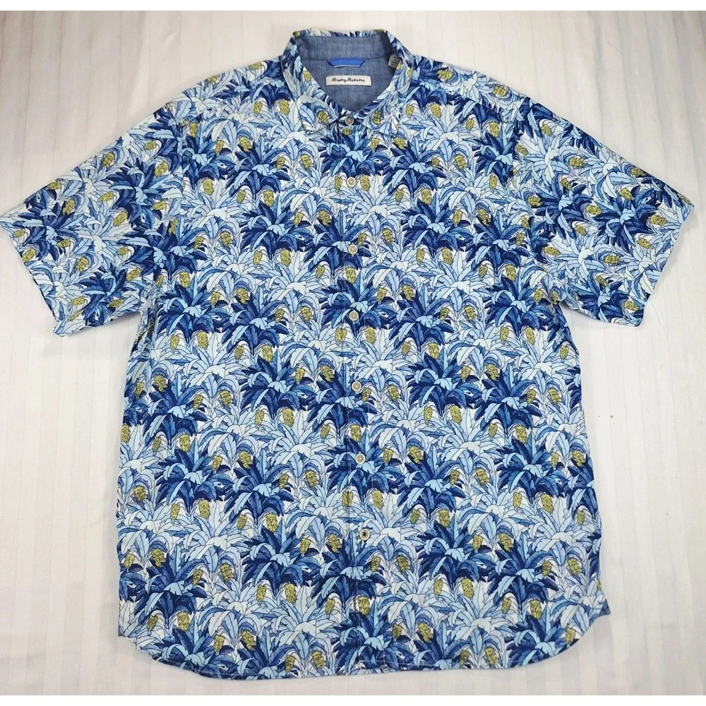 Tommy Bahama Mens Large Blue Tropical Palm Pineapple Tencel Cotton Aloha Shirt